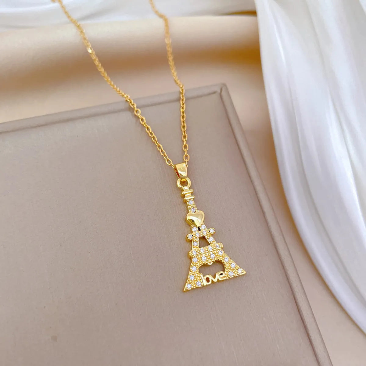 Titanium Steel Copper Casual Simple Style Hollow Out Inlay Love Eiffel Tower Zircon Pendant Necklace