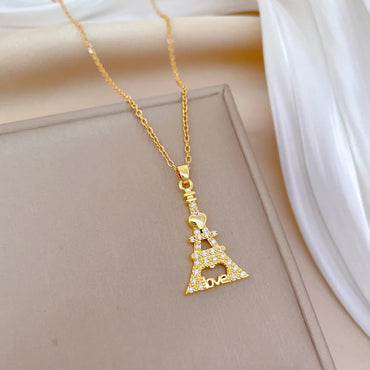 Titanium Steel Copper Casual Simple Style Hollow Out Inlay Love Eiffel Tower Zircon Pendant Necklace