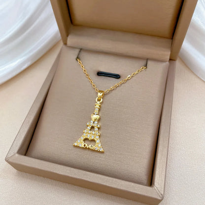 Titanium Steel Copper Casual Simple Style Hollow Out Inlay Love Eiffel Tower Zircon Pendant Necklace