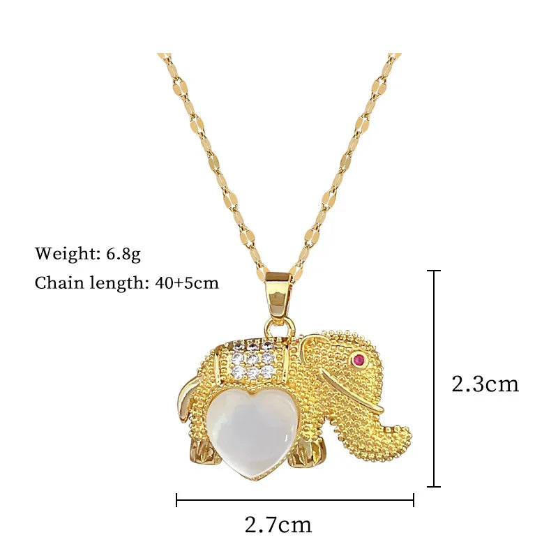 Titanium Steel Copper Cute Inlay Elephant Opal Zircon Pendant Necklace