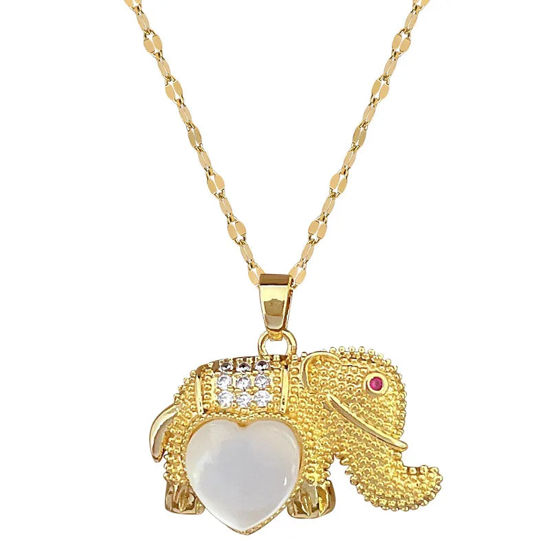 Titanium Steel Copper Cute Inlay Elephant Opal Zircon Pendant Necklace