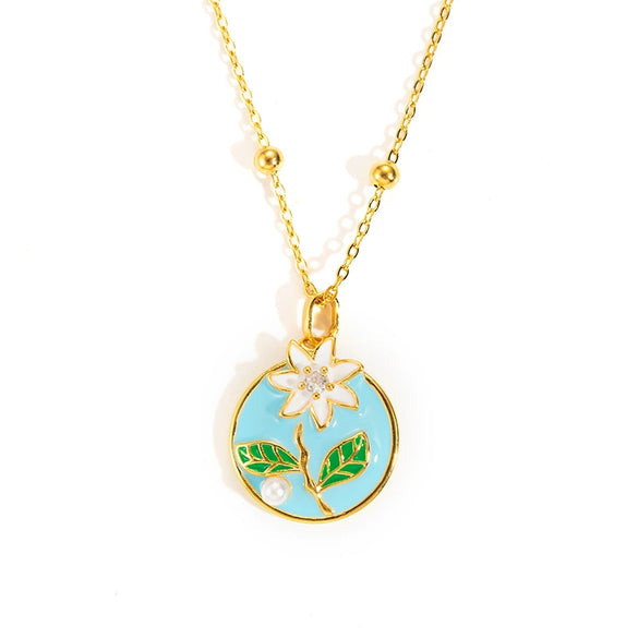 Titanium Steel Copper Daisy Geometric Pendant Necklace With Electroplating And Micro Set Zircon For Women