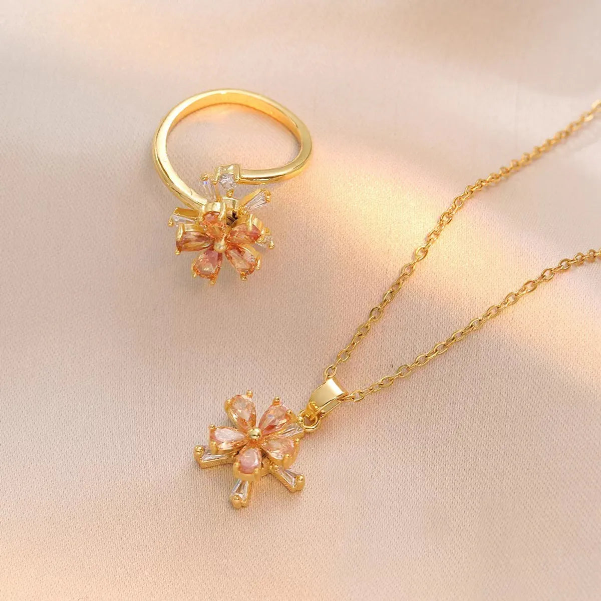 Titanium Steel Copper Elegant Diamond Flower Jewelry Set