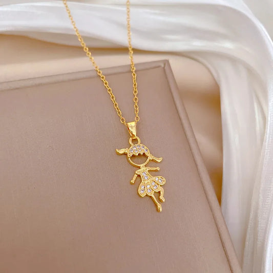 Titanium Steel Copper Gold Plated Cute Modern Style Classic Style Inlay Human Dancing Girl Zircon Pendant Necklace