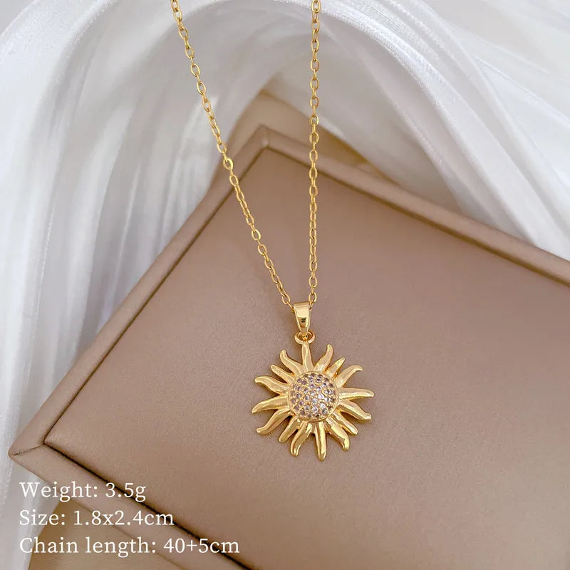 Titanium Steel Copper Gold Plated Cute Modern Style Classic Style Inlay SUNFLOWER (Jz001) Zircon Pendant Necklace