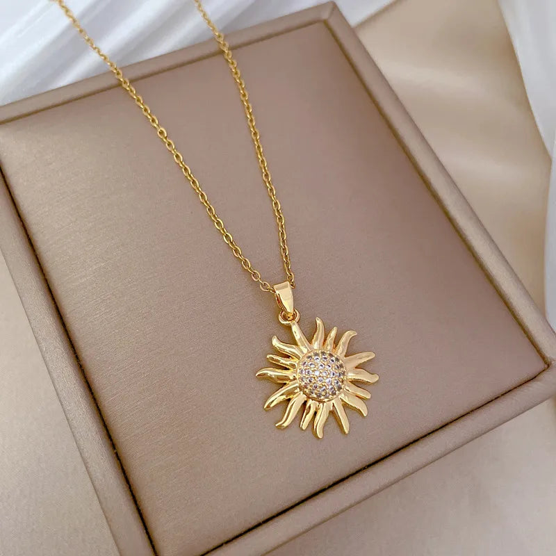 Titanium Steel Copper Gold Plated Cute Modern Style Classic Style Inlay SUNFLOWER (Jz001) Zircon Pendant Necklace