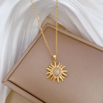 Titanium Steel Copper Gold Plated Cute Modern Style Classic Style Inlay SUNFLOWER (Jz001) Zircon Pendant Necklace