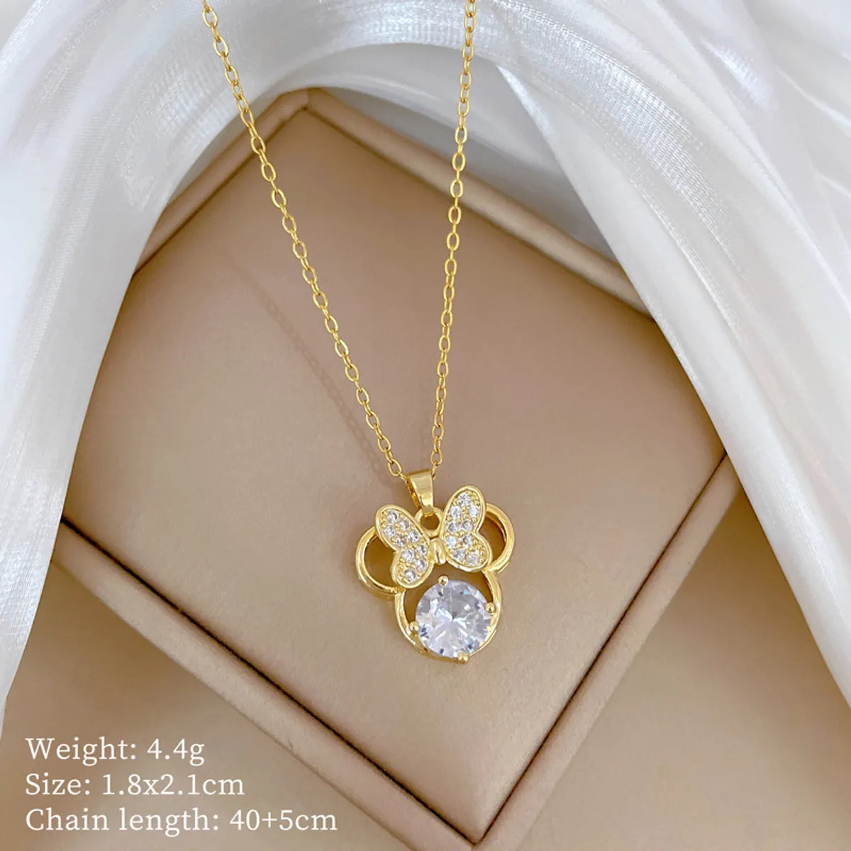 Titanium Steel Copper Gold Plated Inlay Bow Knot Zircon Pendant Necklace