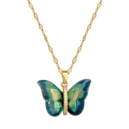 Titanium Steel Copper Gold Plated Inlay Butterfly Zircon Pendant Necklace