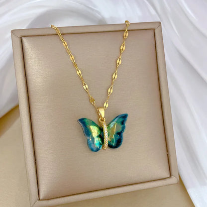 Titanium Steel Copper Gold Plated Inlay Butterfly Zircon Pendant Necklace