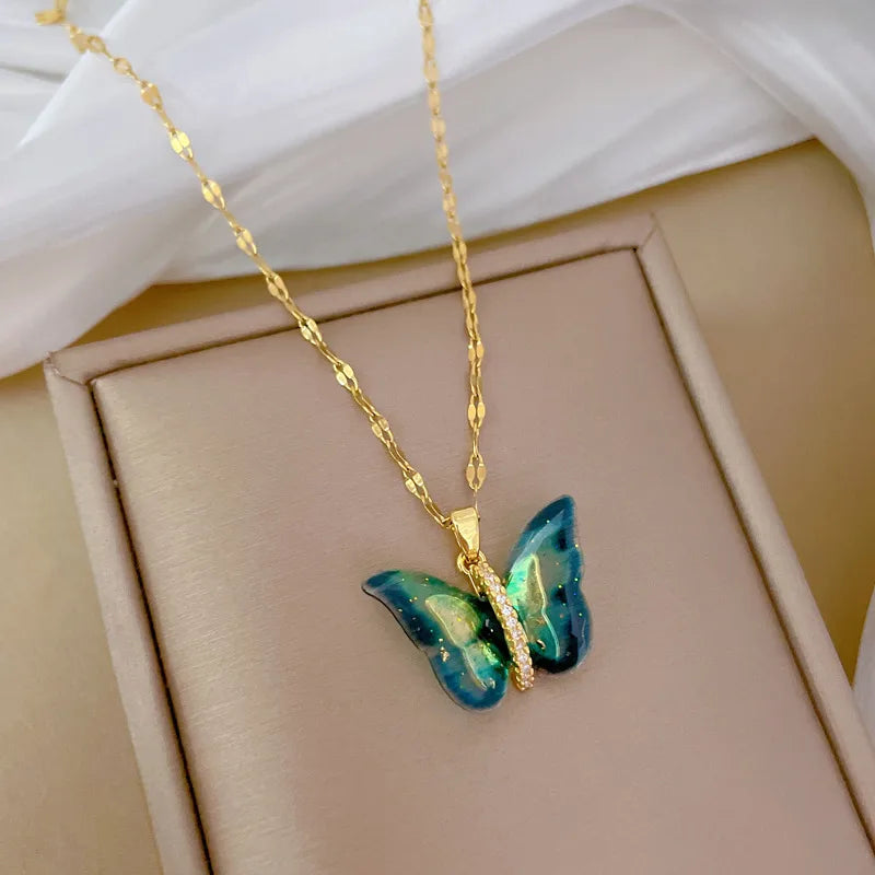 Titanium Steel Copper Gold Plated Inlay Butterfly Zircon Pendant Necklace