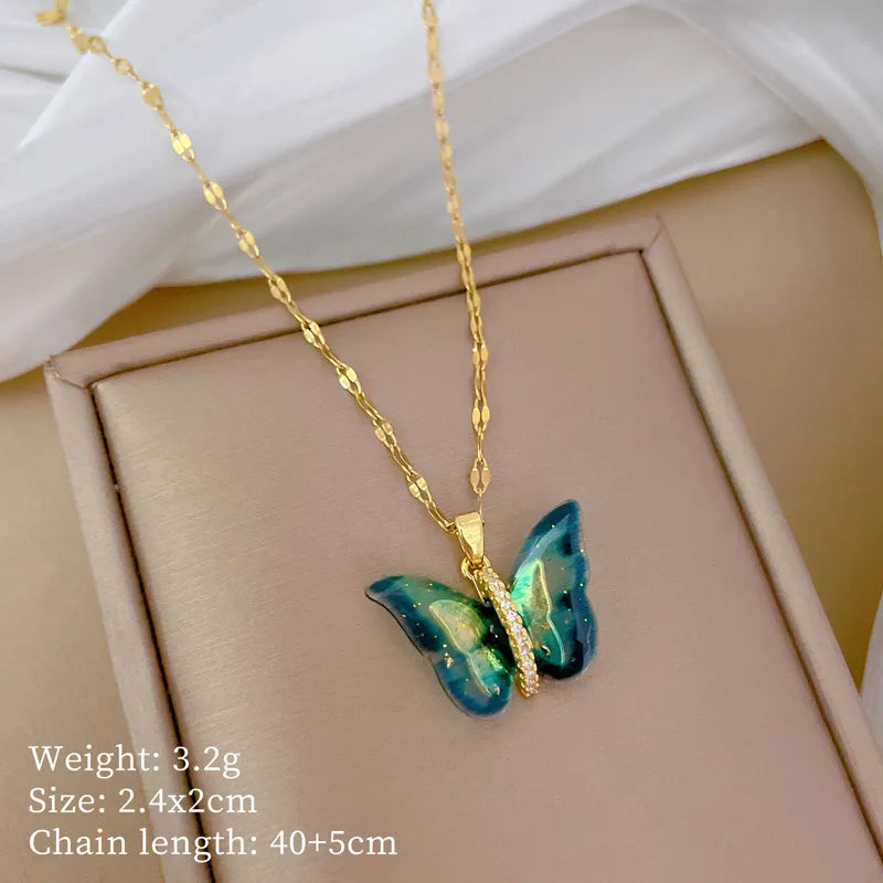 Titanium Steel Copper Gold Plated Inlay Butterfly Zircon Pendant Necklace