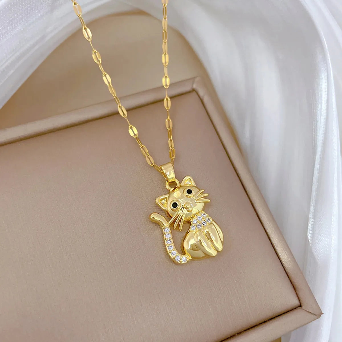 Titanium Steel Copper Gold Plated Inlay Cat Zircon Pendant Necklace