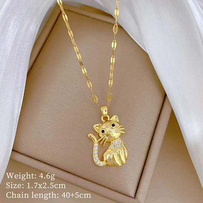 Titanium Steel Copper Gold Plated Inlay Cat Zircon Pendant Necklace