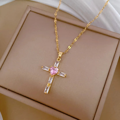 Titanium Steel Copper Gold Plated Inlay Cross Heart Shape Zircon Pendant Necklace