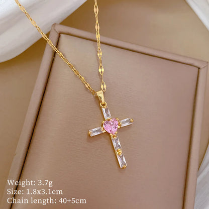 Titanium Steel Copper Gold Plated Inlay Cross Heart Shape Zircon Pendant Necklace