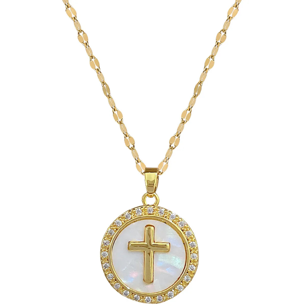 Titanium Steel Copper Gold Plated Inlay Cross Shell Zircon Pendant Necklace