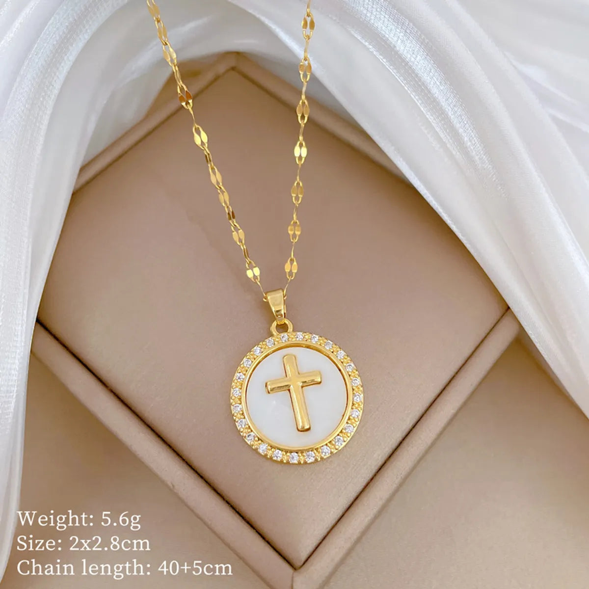 Titanium Steel Copper Gold Plated Inlay Cross Shell Zircon Pendant Necklace