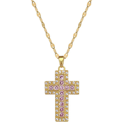 Titanium Steel Copper Gold Plated Inlay Cross Zircon Pendant Necklace