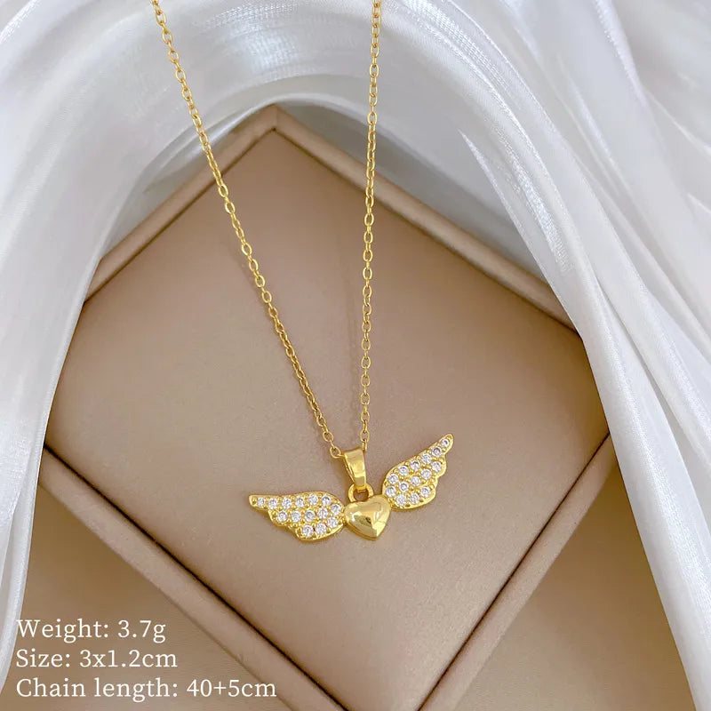 Titanium Steel Copper Gold Plated Inlay Heart Shape Wings Zircon Pendant Necklace