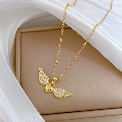 Titanium Steel Copper Gold Plated Inlay Heart Shape Wings Zircon Pendant Necklace