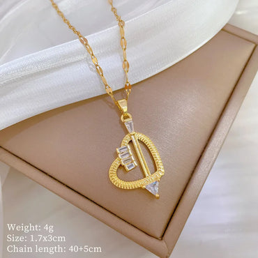 Titanium Steel Copper Gold Plated Inlay Heart Shape Zircon Pendant Necklace