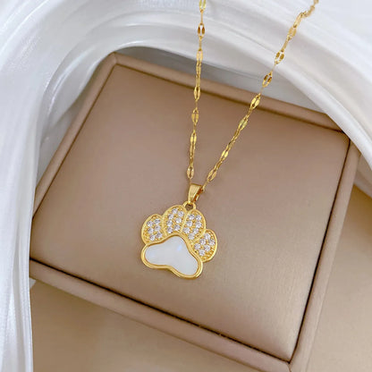 Titanium Steel Copper Gold Plated Inlay Paw Print Zircon Pendant Necklace