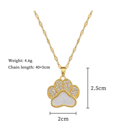 Titanium Steel Copper Gold Plated Inlay Paw Print Zircon Pendant Necklace