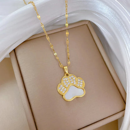 Titanium Steel Copper Gold Plated Inlay Paw Print Zircon Pendant Necklace