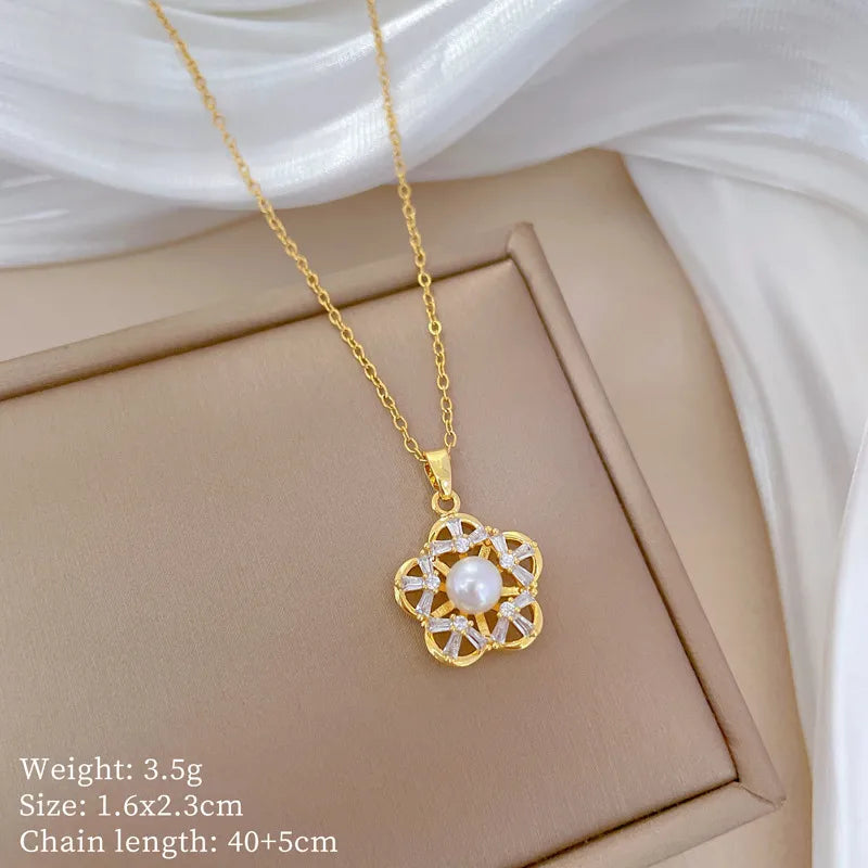 Titanium Steel Copper Gold Plated Plating Hollow Out Flower Zircon Jewelry Set