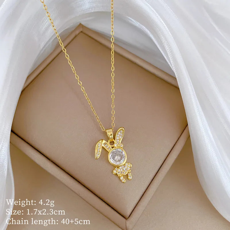 Titanium Steel Copper Gold Plated Plating Rabbit Zircon Pendant Necklace