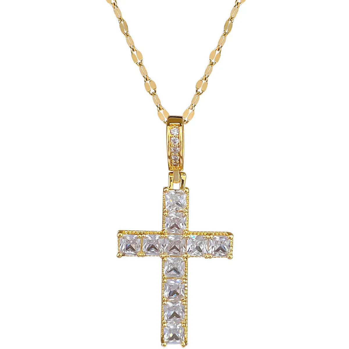 Titanium Steel Copper IG Style Shiny Cross Inlay Zircon Pendant Necklace