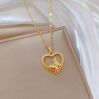 Titanium Steel Copper IG Style Shiny Heart Shape Butterfly Hollow Out Inlay Zircon Pendant Necklace