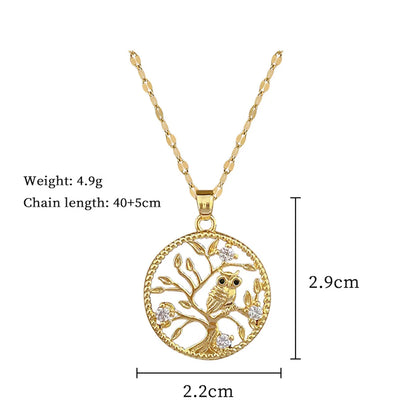 Titanium Steel Copper IG Style Shiny Tree Owl Hollow Out Inlay Zircon Pendant Necklace