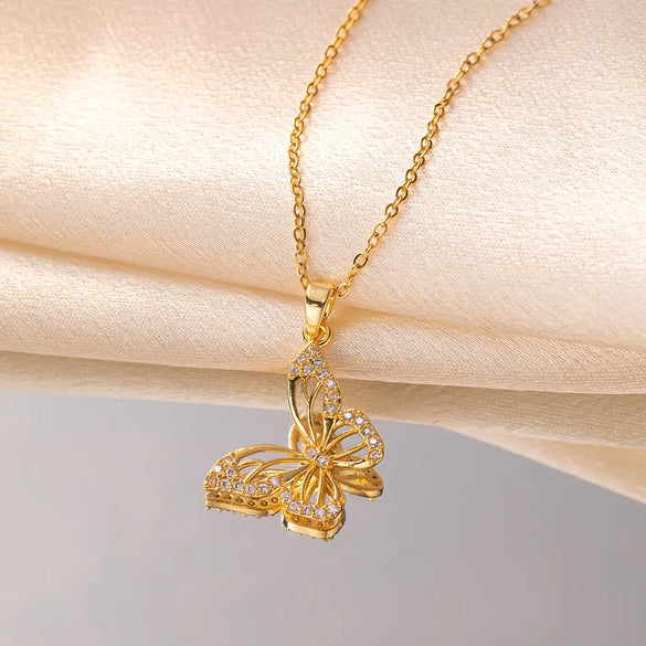 Titanium Steel Copper IG Style Sweet Hollow Out Inlay Butterfly Zircon Pendant Necklace