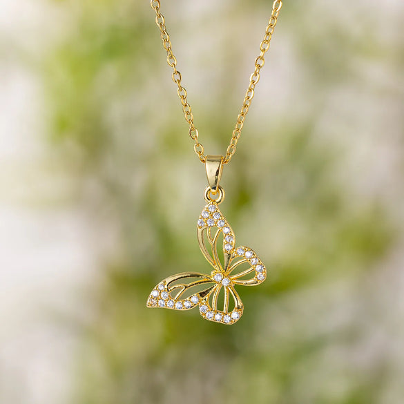 Titanium Steel Copper IG Style Sweet Hollow Out Inlay Butterfly Zircon Pendant Necklace