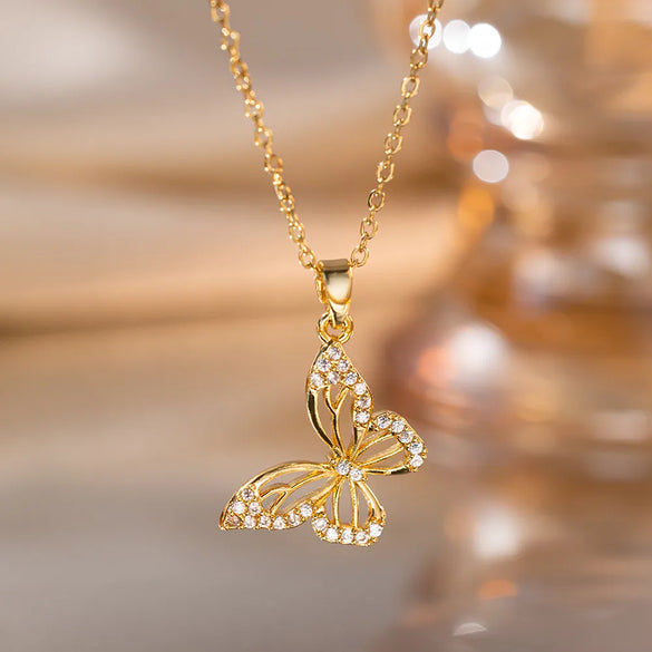 Titanium Steel Copper IG Style Sweet Hollow Out Inlay Butterfly Zircon Pendant Necklace