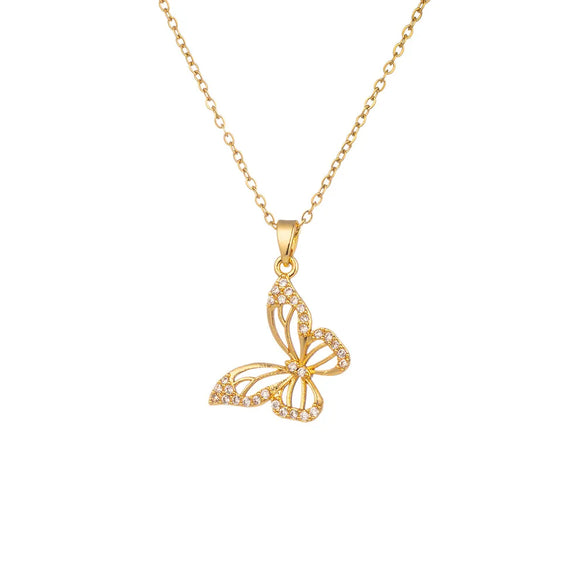 Titanium Steel Copper IG Style Sweet Hollow Out Inlay Butterfly Zircon Pendant Necklace