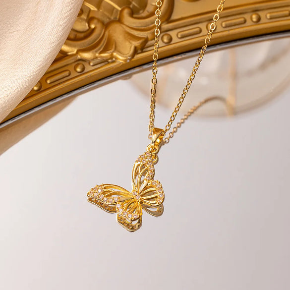 Titanium Steel Copper IG Style Sweet Hollow Out Inlay Butterfly Zircon Pendant Necklace