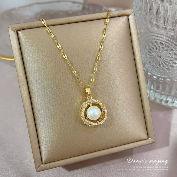 Titanium Steel Copper Lip Chain Geometric Bird's Nest Pearl Cartoon Style Necklace Set With Diamonds Unisex