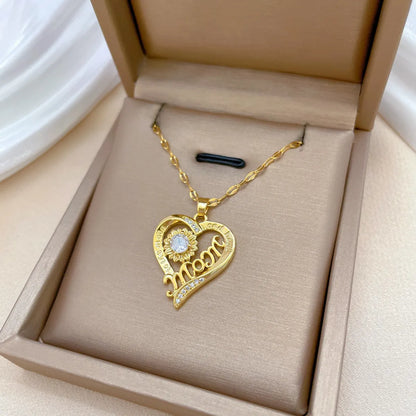 Titanium Steel Copper MAMA Simple Style Classic Style Hollow Out Inlay Letter Heart Shape Flower Zircon Pendant Necklace