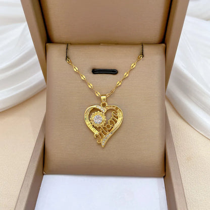 Titanium Steel Copper MAMA Simple Style Classic Style Hollow Out Inlay Letter Heart Shape Flower Zircon Pendant Necklace