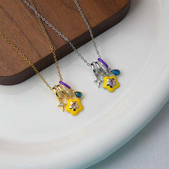 Titanium Steel Copper Pendant Necklace With Oil Dropping Flower Design For Women