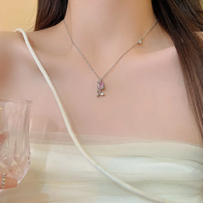 Titanium Steel Copper Simple Style Classic Style Flower Inlay Zircon Pendant Necklace