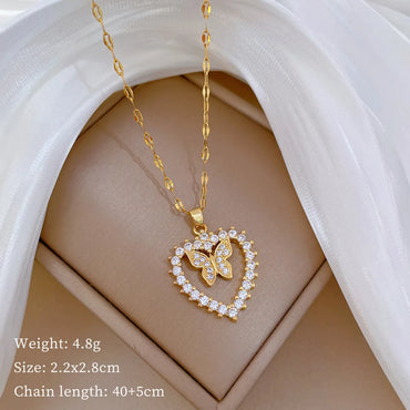 Titanium Steel Copper Simple Style Classic Style Hollow Out Inlay Heart Shape Butterfly Zircon Pendant Necklace