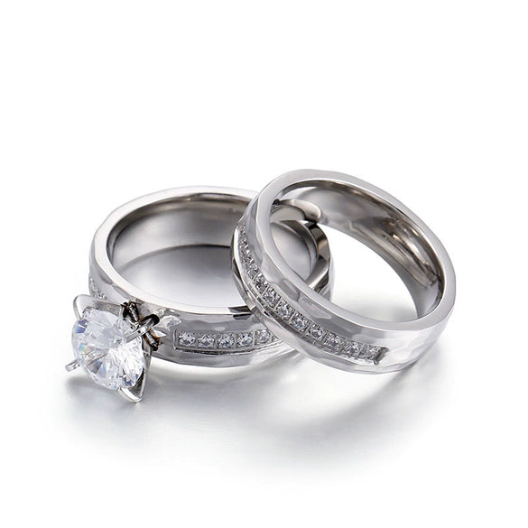 Titanium Steel Couple's Ring With Microinlaid Diamond Hammered Texture And Electroplating