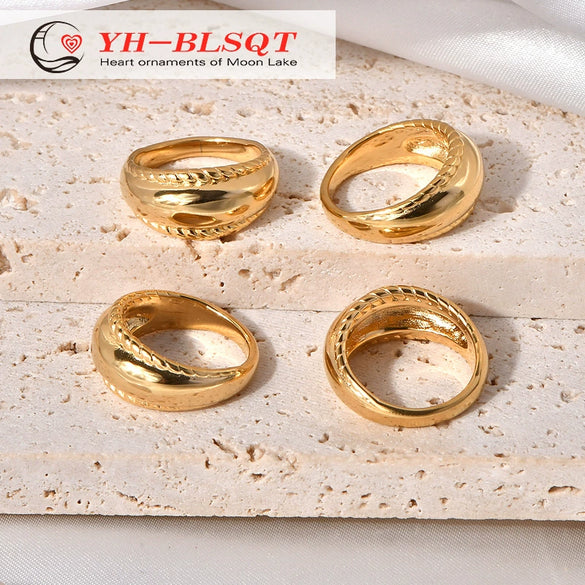 Titanium Steel Croissant Ring With Threaded Edge Geometric Design And Electroplating