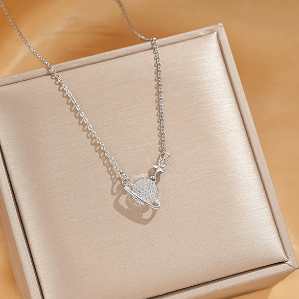 Titanium Steel Cross Chain Women's Minimalist Opal Planet Series Pendant Necklace With Electroplating Design