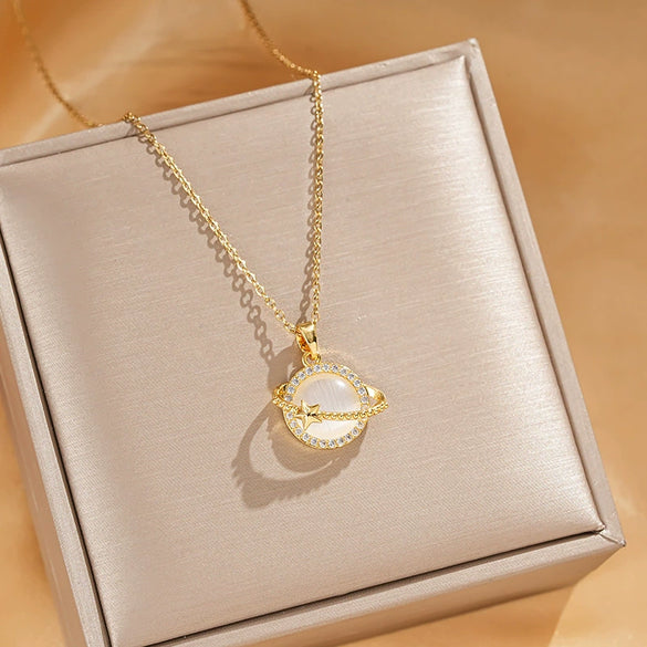 Titanium Steel Cross Chain Women's Minimalist Opal Planet Series Pendant Necklace With Electroplating Design