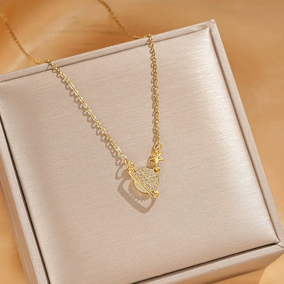 Titanium Steel Cross Chain Women's Minimalist Opal Planet Series Pendant Necklace With Electroplating Design